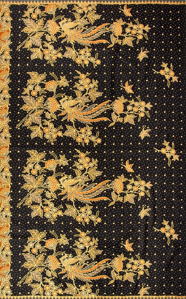 〔190cm*120cm〕インドネシア伝統のコットンバティック - 黒・孔雀と牡丹の写真