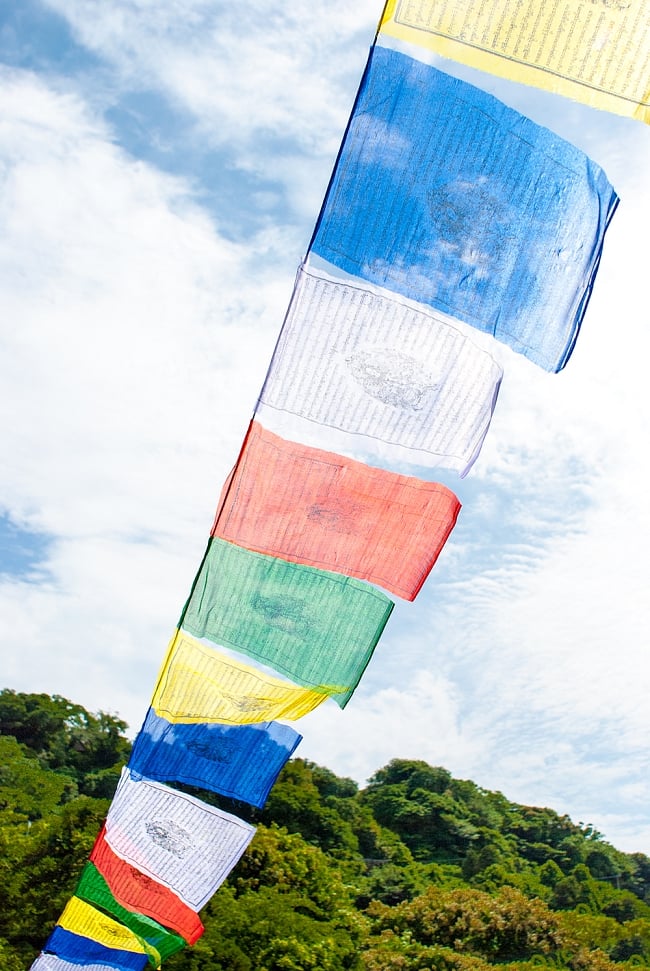 タルチョー【約30cmx約35cm】 約8メートルの写真1枚目です。ネパールのタルチョーです。全長は約8m強ある本格的な品です。五色旗,タルチョ,タルチョー,ルンタ,チベット,マニ旗,祈祷旗,タルチョク