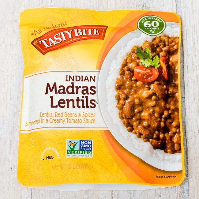 マドラス レンティル（マドラス・レンズ豆のカレー）の写真1枚目です。tasty bite,インド料理,インド,レンズ豆,赤インゲン豆,カレー,レトルト