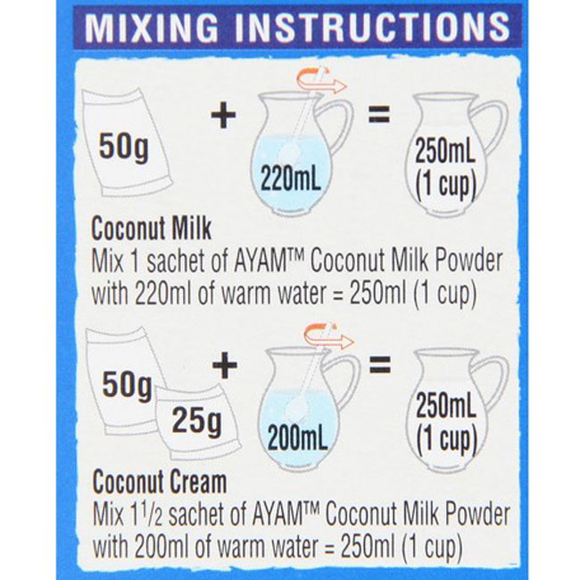ココナッツミルクパウダー - Coconut Milk Powder 【AYAM】 3 - パウダーと水の割合を描いたもの。こちらは250mlを作る基準で書かれています。HPの方は、一袋を基準に書いてありますので使いやすい方でお試しください。