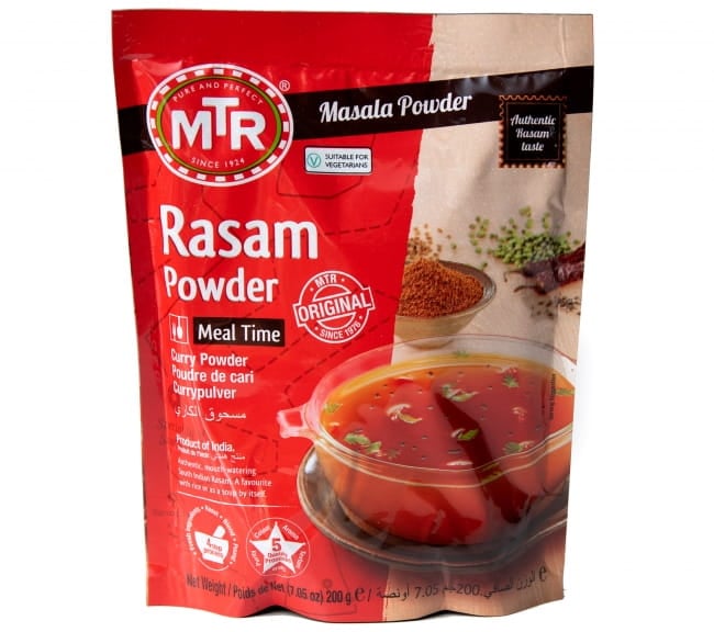 ラサム カレー パウダー Rasam Powder 【MTR】の写真1枚目です。パッケージです。ベジタリアンマークつきラッサム,ラサム,レトルトカレー,MTR,インド料理,インド,カレー,スパイス ミックス,マサラ 