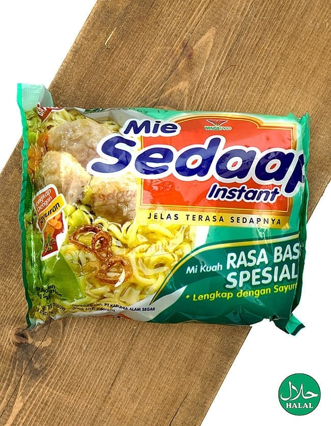 インスタント ヌードル スペシャル ビーフ ミートボール入り Baso Spesial 【Mie Sedaap】 の写真1枚目です。小さなミートボールが入ったインスタントヌードルインドネシア料理,インドネシア,インスタント麺, 肉野菜味,ミートボール入り,ハラル