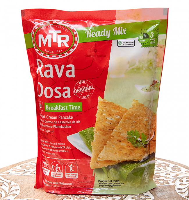 インドの軽食  ラバ ドーサの素 -Rava Dosa Mix 500g 袋入り 【MTR】の写真1枚目です。MTR社が開発した小麦粉版ドーサ。パリパリにはならず、チヂミのような食感でおいしいです。ドーサ,DOSA,Rava DOSA、ラバドーサ、レトルトカレー,MTR,インド料理,インド,インド軽食,料理の素,