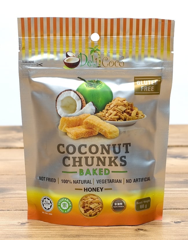 ココナッツチャンク − ベイクドハニー味 ‐ Coconut Chunks Baked 【Deli Coco】の写真1枚目です。写真ココナッツ,ココナッツチップス,ココナッツスナック,マレーシア,お菓子