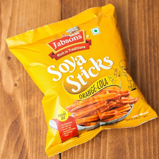 ソイスティック　soya stick-orange cola-【JABSONS】の写真1枚目です。グルテンフリー、レスオイルのインド的健康志向お菓子!!でもね・・ちなみに20%増量キャンペーンは終了しています。あしからずご了承ください。インド,お菓子,ナムキン,スパイス,マサラ