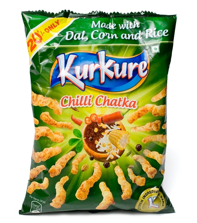 インドのスナック KurKure【Red Chilli Chatka味】の写真1枚目です。この様なパッケージでお送りしますインドのお菓子,スナック,クルクレ,マサラ味