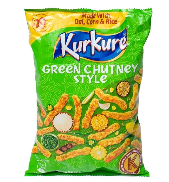 インドのスナック KurKure【Green Chutney Style味】の写真1枚目です。この様なパッケージでお送りしますインドのお菓子,スナック,クルクレ,マサラ味