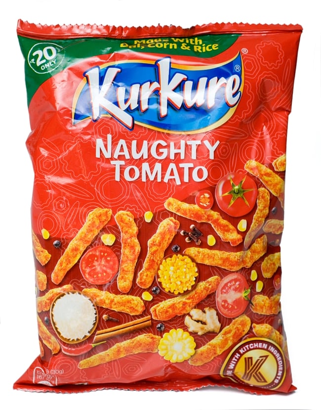 インドのスナック KurKure【Naighty Tomato味】の写真1枚目です。この様なパッケージでお送りしますインドのお菓子,スナック,クルクレ,マサラ味