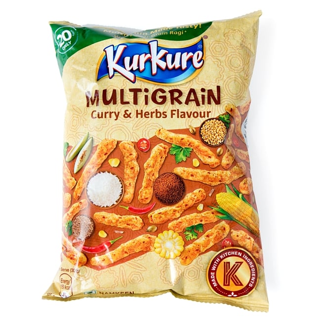 インドのスナック KurKure【MuLTiGRAiN Curry ＆ Herbs Flavour カレーとハーブ味】の写真1枚目です。癖になる！マサラのパンチあるフレーバーインドのお菓子,スナック,クルクレ,マサラ味