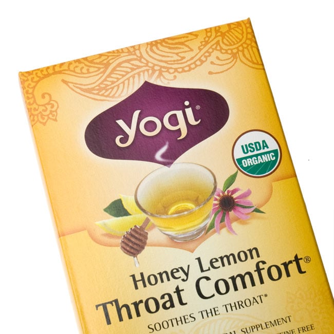 ハニーレモンスロートコンフォート 2 - パッケージのアップ。目でも癒されます。ヨギティによっては、オーガニックの原材料を使用しています。