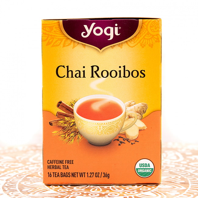 ルイボスチャイ【ヨギティー yogi tea】の写真1枚目です。メヘンディ柄のおしゃれなパッケージのヨギティ。配合にもこだわりがあり、香り豊かで美味しいです。ハーブティー,オーガニック,ヨガ,ハーブ,ヨギティー,ルイボス