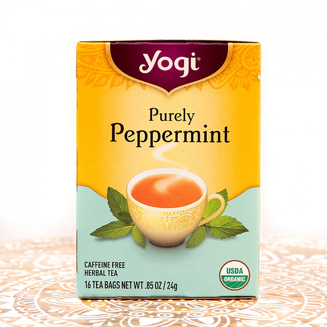 ピュアリーペパーミント - Purely Pepper Mint【Yogi tea ヨギティー】の写真1枚目です。メヘンディ柄のおしゃれなパッケージのヨギティ。配合にもこだわりがあり、香り豊かで美味しいです。ハーブティー,オーガニック,ヨガ,ハーブ,ヨギティー,ペパーミント