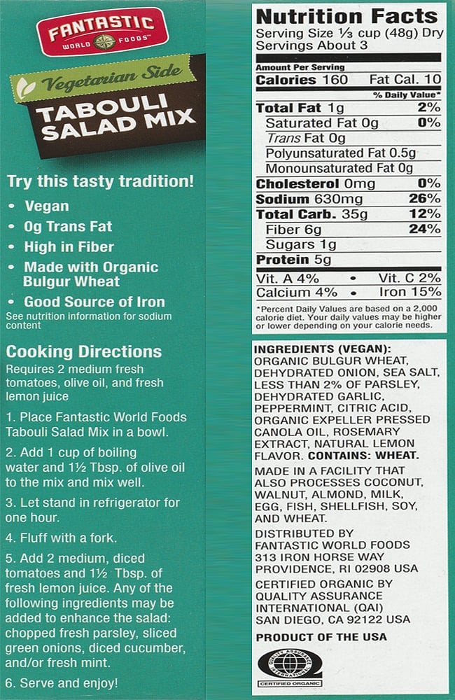 タブリ サラダ ミックス - Tabouli Salad 【Fantastic Foods】 5 - 裏面の成分表です。英語ですが作り方も掲載されています