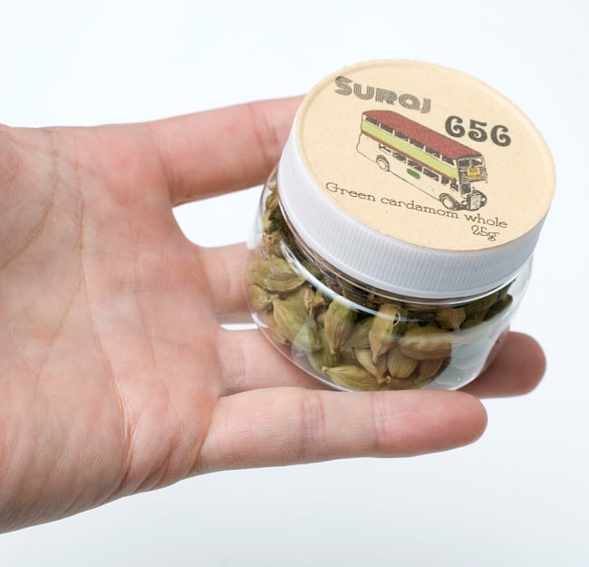 グリーンカルダモン ホール【25g ボトル】 Green Cardamom Whole  5 - サイズ比較のために手に持ってみました