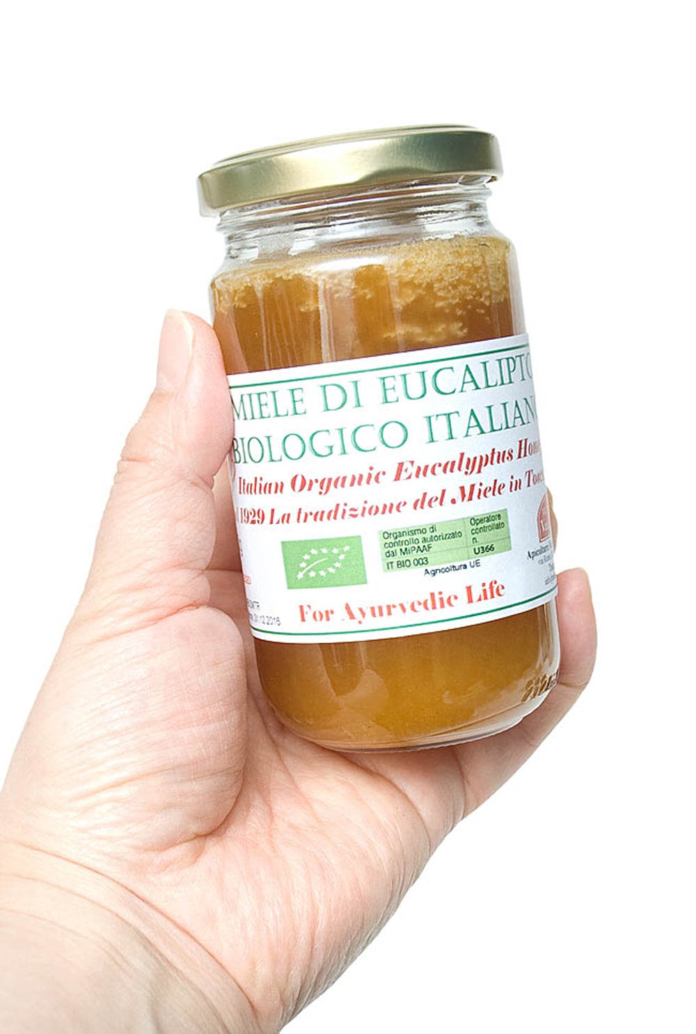 非加熱 はちみつ ユーカリ (250g)【Vangelosti】 3 - 手に持ってみました。大きくもなく小さくもなく、食卓に丁度いい大きさ?ではないでしょうか?