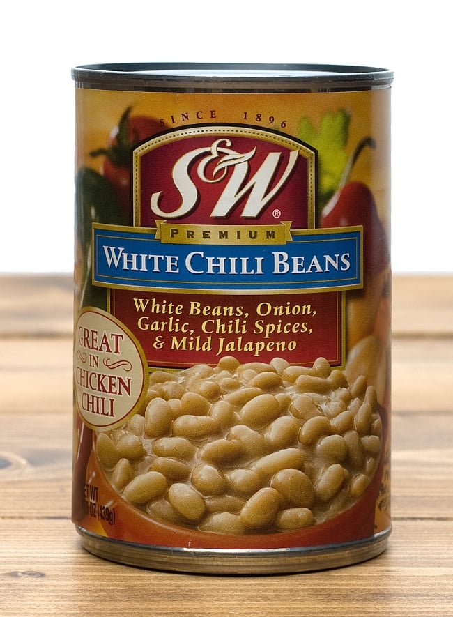 ホワイトチリビーンズ 425g 缶詰 - White Chili Beans 【S&W】の写真1枚目です。写真S&W,アメリカ,ホワイトビーンズ,白いんげん豆,,缶詰