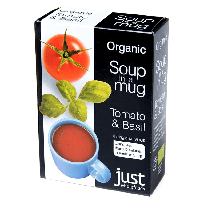 トマト＆バジル  インスタントスープ Soup in a Mug Carrot & Coriander 【Just Wholefoods】の写真1枚目です。マグカップで簡単に美味しいスープトマト,バジル,スープ