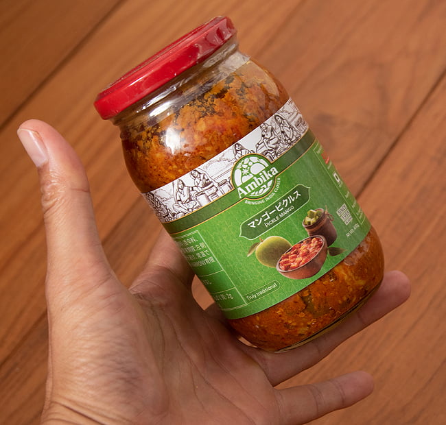 【送料無料・9個セット】インドのピクルス （アチャール） - マンゴー400g 【RAJ】 5 - サイズ比較のために手に持ってみました