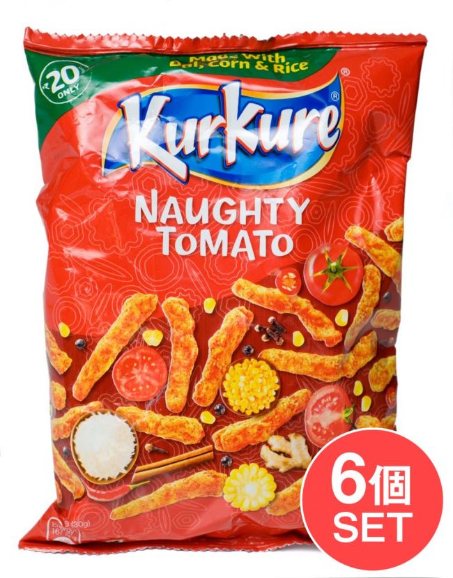 【6個セット】インドのスナック KurKure【Naighty Tomato味】の写真セット,インドのお菓子,スナック,クルクレ,マサラ味