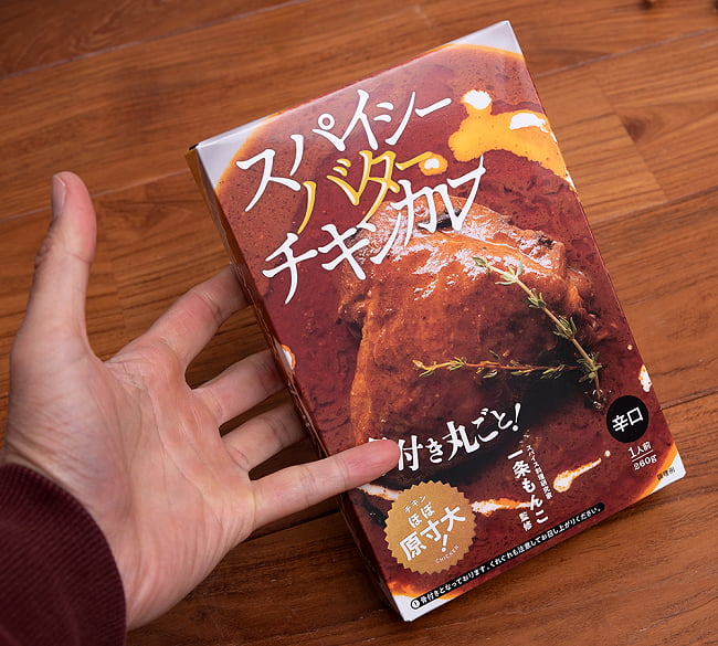 （ワケあり）スパイシー バター チキンカレー【辛口・骨付きチキン入り】 7 - サイズ比較のために手に持ってみました