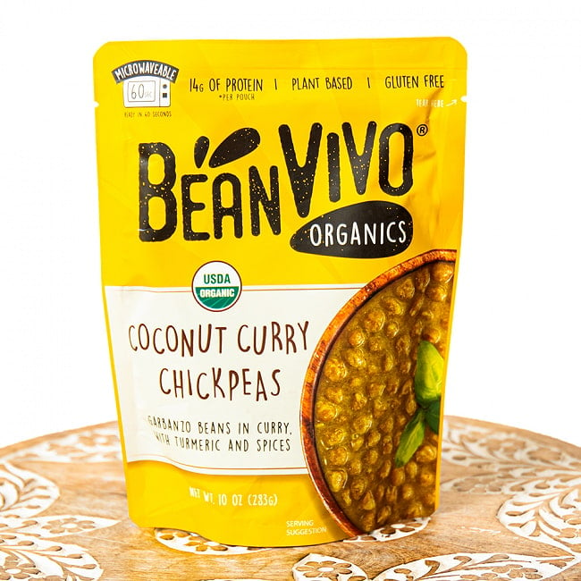 【2人前！】有機ひよこ豆のココナッツカレー Bean Vivoの写真1枚目です。黄色のパッケージ。なんと電子レンジ対応のパウチです。詳しくは調理方法をご覧ください。bean vivo,インド料理,インド,豆,ひよこ豆,カレー,レトルト,オーガニック,ヴィーガン