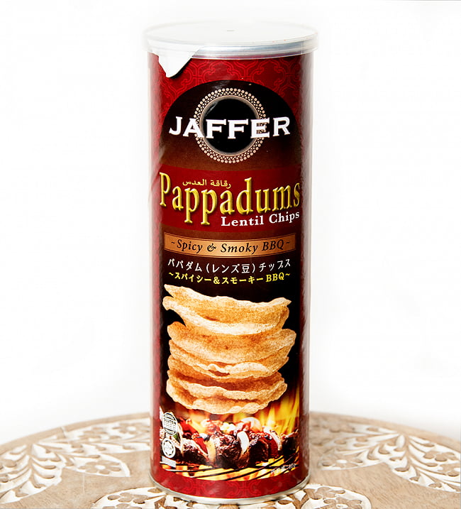 パパダム(レンズ豆)チップス 〜スパイシー＆スモーキーBBQ〜の写真1枚目です。パッケージの全体写真ですパパド,パパダム,インド料理,インドスナック,せんべい