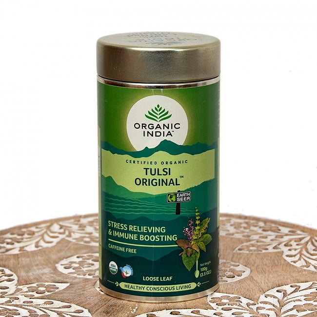 トゥルシーティ　Tulsi Original 【Organic India】 缶入り茶葉100gの写真ハーブ,ハーブティー,トゥルシー,ティーバッグ,Organic India,Tulsi