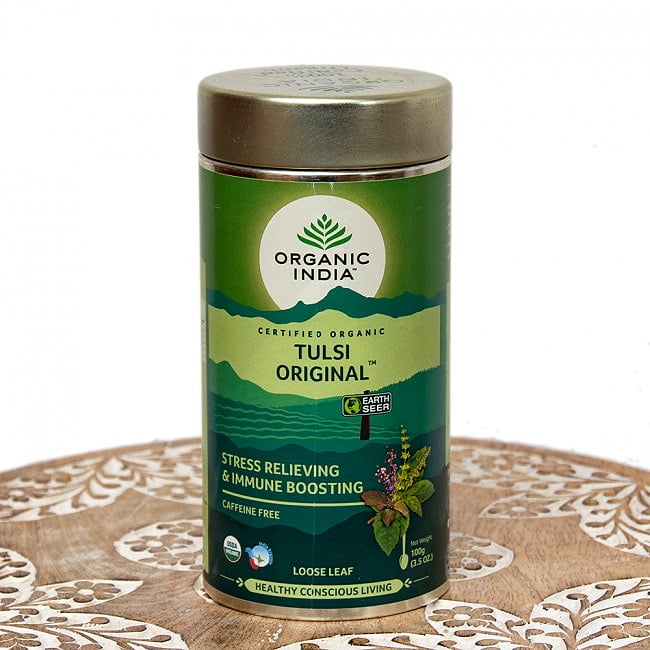 トゥルシーティ　Tulsi Original 【Organic India】 缶入り茶葉100gの写真1枚目です。輸送の都合上、缶に凹みがある場合がございます。ハーブ,ハーブティー,トゥルシー,ティーバッグ,Organic India,Tulsi