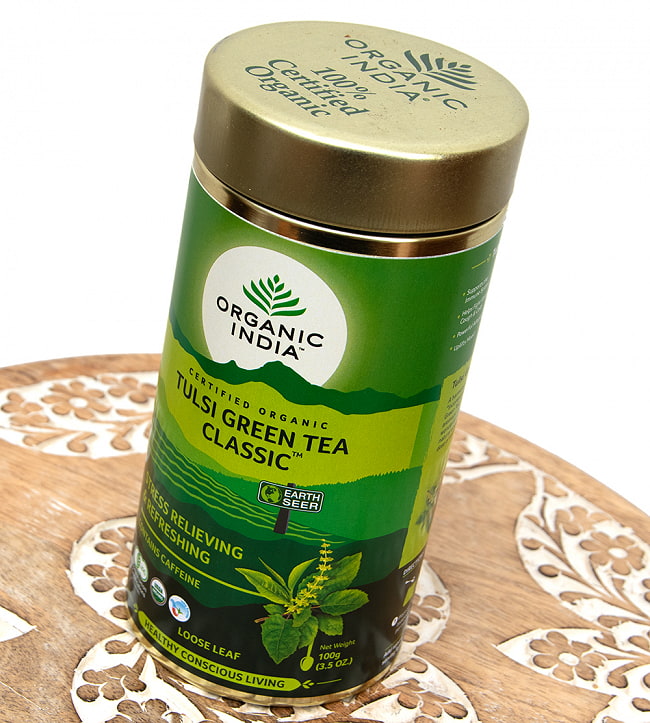 トゥルシーティ　 グリンティークラシック 缶入り茶葉 TULSI GREEN TEA CLASSIC(100g)  【Organic India】 2 - 斜めから撮影しました