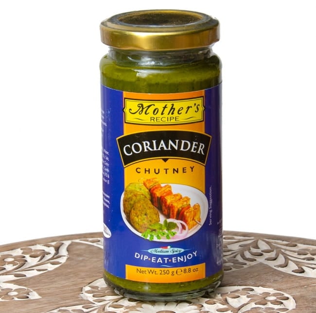 コリアンダーチャツネ - Coriander Chutney 250g 【Mother】の写真1枚目です。サモサや軽食のディップに重宝するミントたっぷりのチャツネです。インド料理,インド,チャツネ,ハラル,ベジタリアン,チャトニ