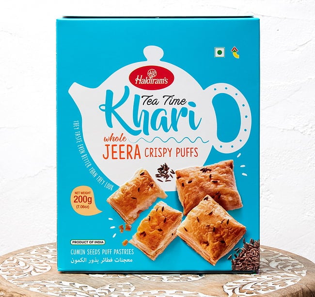 クミン味 カリ パイ(200g) - Tea Time Khari WHOLE JEERA CRISPY PUFFS - チャイと一緒に食べるスパイス味のパイの写真1枚目です。パッケージの表面ですパイ,インド お菓子,お菓子,チャイ お菓子