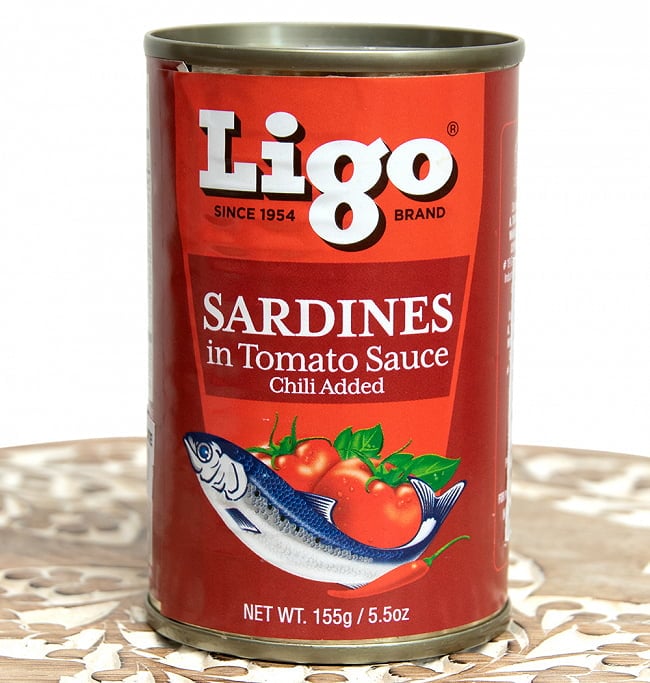 サーディン - いわしのトマト煮 チリ味 - SARDINES in Tomato Souce Chilli Added[155g]の写真1枚目です。缶を正面から撮影しましたオイルサーディン,サーディン,いわし,缶詰,フィリピン