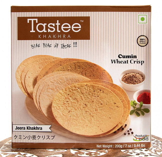 クミン 小麦 クリスプ  - インド 薄せんべい  Cumin Wheat Crisp - Jeera Khakhra 200g 【Tastee Khakhra】の写真1枚目です。インド風せんべいのクミン 小麦 クリスプですインド,お菓子,せんべい,スパイス,カクラ,ケクラ