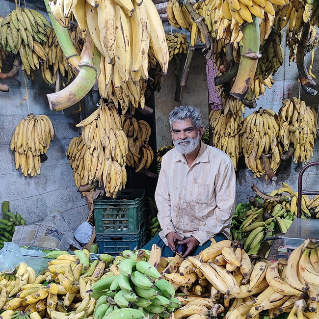 小さなバナナを揚げてマサラ味に - Long Masala Banana Chips 170g【Chhedas】 8 - バナナ売りのおじちゃん。文字通り、バナナに囲まれていますね