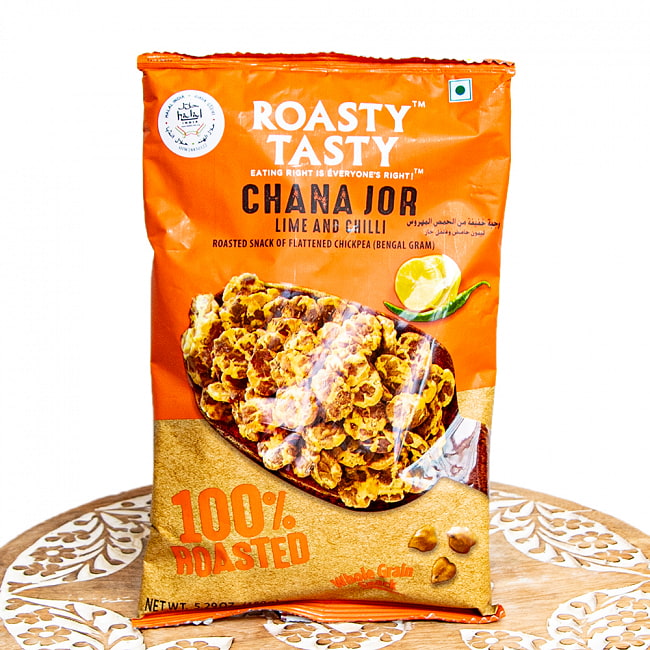 ライムとチリのひよこ豆スナック ロースト チャナ ジョー  Roasted Chana Jor Lime&Chilli【ROASTY TASTY】の写真1枚目です。パッケージ写真ですインド,お菓子,ナムキン,スパイス,マサラ,サクサク,美味しい