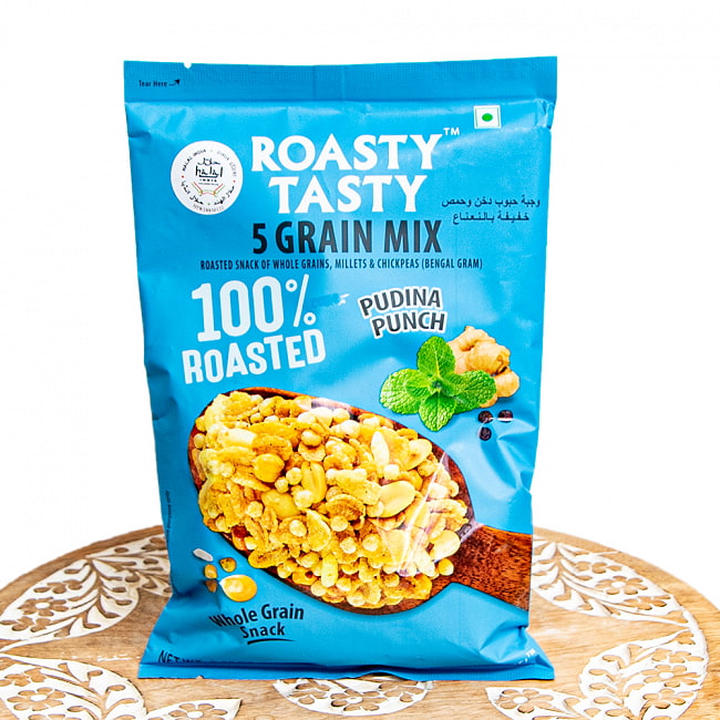 ミントと生姜の5種雑穀ローストスナック ミントジンジャー  Roasted 5 Grain Mix Pudina Punch【ROASTY TASTY】の写真1枚目です。パッケージ写真ですインド,お菓子,ナムキン,スパイス,マサラ,サクサク,美味しい