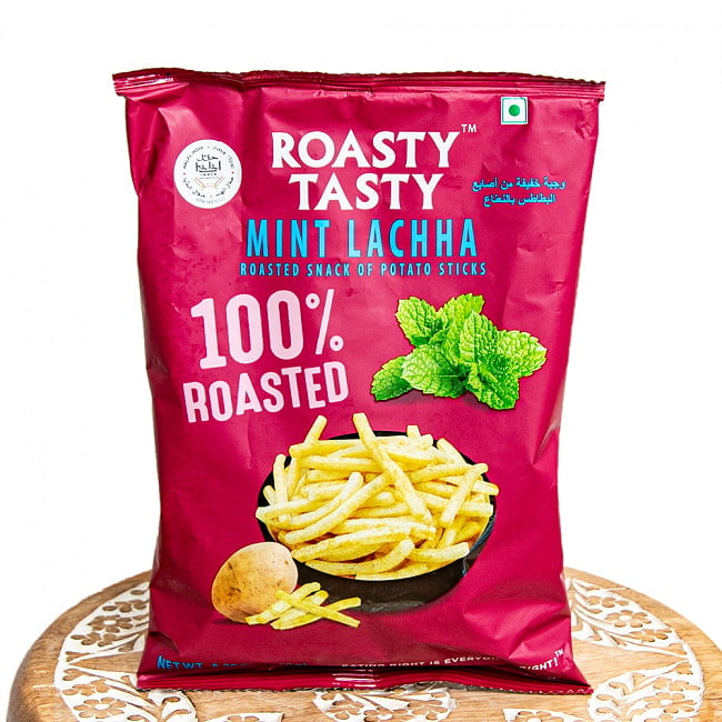 ミントフレーバーのローストポテトスティック   Roasted Potato Stick Mint Lachha【ROASTY TASTY】の写真1枚目です。パッケージ写真ですインド,お菓子,ナムキン,スパイス,マサラ,サクサク,美味しい
