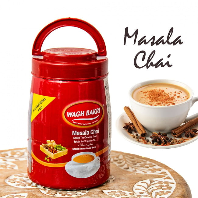 チャイ用紅茶 スパイス入り マサラチャイ Masala Chai 250g 大ボトル【WAGH BAKRI】の写真1枚目です。パッケージ写真インドのお茶,インド,チャイ用,茶葉,CTC,茶