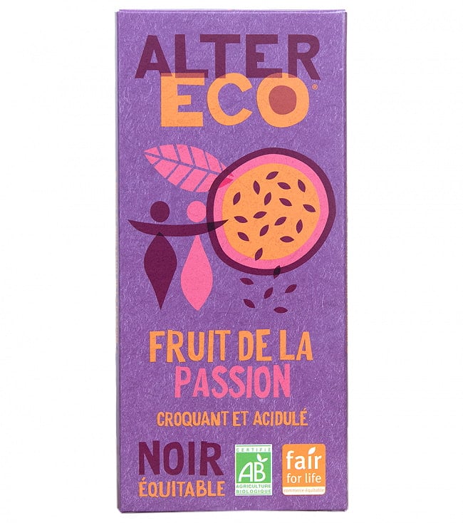 オーガニックフェアトレードチョコ ノワール パッションフルーツ - 100g【ALTER ECO・アルテルエコ】の写真1枚目です。フランスを代表するオーガニックブランド、ALTER ECO(アルテルエコ)のチョコレート。 パッションフルーツ味。オーガニック、有機、チョコレート、有機チョコレート、ナチュラル、アルテルエコ