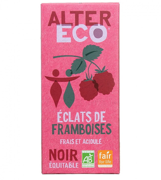 オーガニックフェアトレードチョコ ノワール フランボワーズ - 100g【ALTER ECO・アルテルエコ】の写真1枚目です。フランスを代表するオーガニックブランド、ALTER ECO(アルテルエコ)のチョコレート。 フランボワーズ味オーガニック、有機、チョコレート、有機チョコレート、ナチュラル、アルテルエコ
