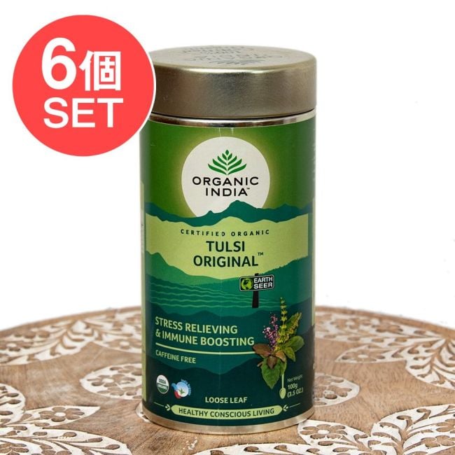 【送料無料・6個セット】トゥルシーティ　Tulsi Original 【Organic India】 缶入り茶葉100gの写真セット,ハーブ,ハーブティー,トゥルシー,ティーバッグ,Organic India,Tulsi