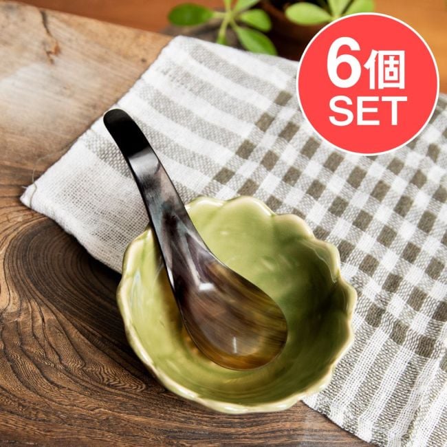 【6個セット】水牛の角のれんげ　キャトルホーン　美しいべっ甲模様[約13cm×4.2cm]の写真セット,食器,アジア 食器,水牛,キャトルホーン,べっ甲柄,カトラリー,バリ雑貨,スプーン,匙,れんげ,レンゲ,テーブルウェア,軽量