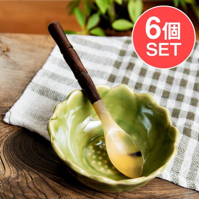 【6個セット】水牛の角と木のスプーン　キャトルホーン　美しいべっ甲模様[約15.5cm×2.5cm]の写真セット,食器,アジア 食器,水牛,キャトルホーン,べっ甲柄,カトラリー,バリ雑貨,スプーン,匙,コーヒースプーン,テーブルウェア,軽量