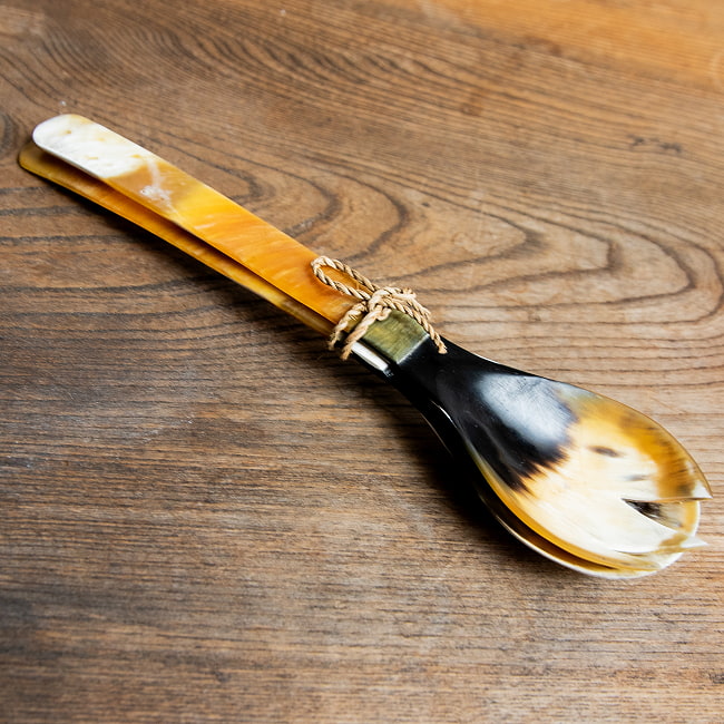 【3個セット】水牛の角のサラダサーバー　キャトルホーン　美しいべっ甲模様[約25cm×6cm] 3 - 全体写真です。このように一組になった状態でお届けします
