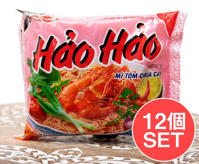 【12個セット】さわやかな酸味の旨辛えびだし味 インスタント麺 - Hao Hao Tom Chua Cay の写真1枚目です。セット,ベトナム料理,レトルト,インスタント麺,ヌードル