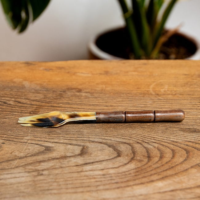 水牛の角と木のフォーク　キャトルホーン　美しいべっ甲模様[約15cm×2.5cm] 6 - 真横から見てみました