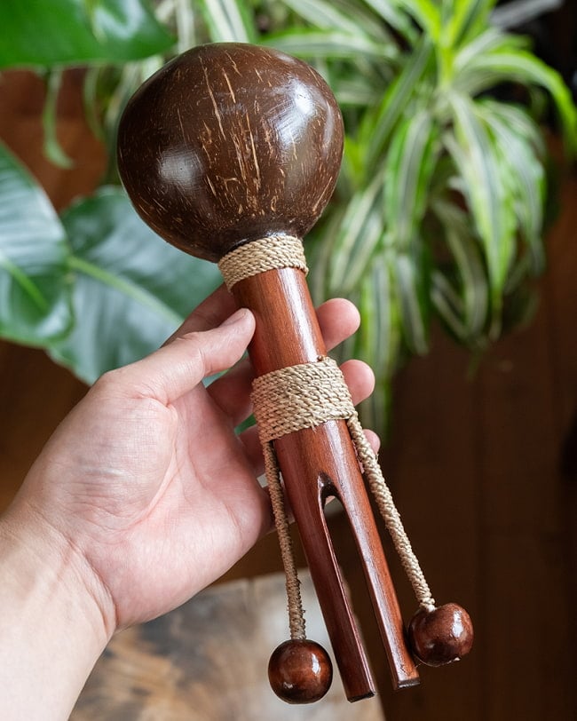 バリ島のココナッツシェイカー&クラッパー|2つの音が楽しめる手作りパーカッション 2 - このくらいのサイズ感になります