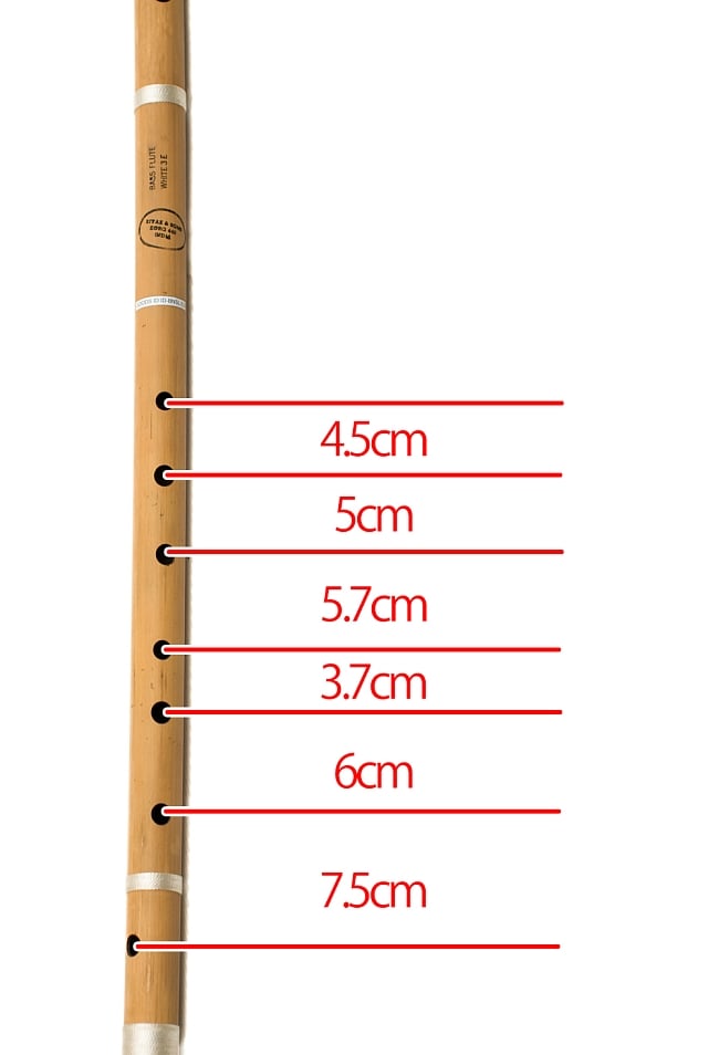 バンスリ(BASS E管) 6 - 参考のため、各穴の距離を表記しました（個体により若干差がある場合があります）