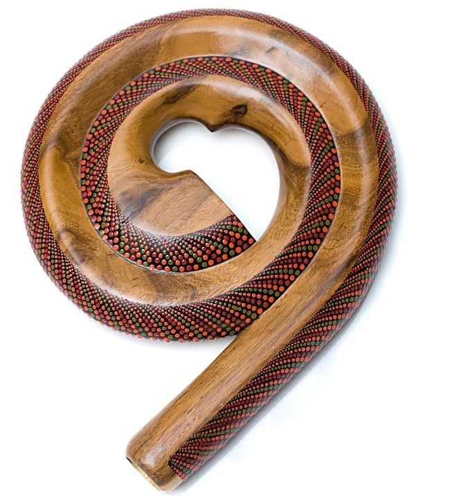 スパイラル・ディジュリドゥ【木目 ドット 赤緑系】の商品写真 2枚目 吹き口部分の拡大。