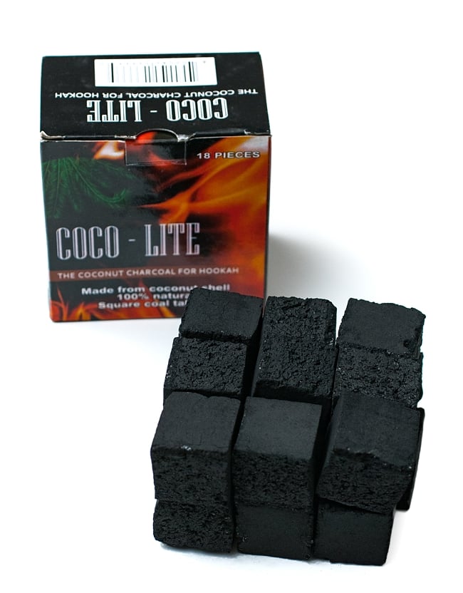 シーシャの炭 COCO LITE COAL - 18個入り　樹脂香にもオススメの写真1枚目です。ココナッツの殻を素材に用いた炭です。シーシャの炭,シーシャ,水タバコ,フレーバー,樹脂香,お香